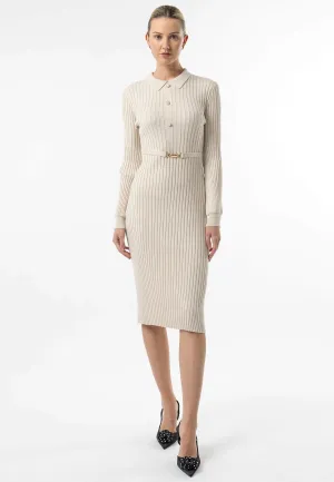 Cream Long Sleeve Knit Shirt Dress with Belt