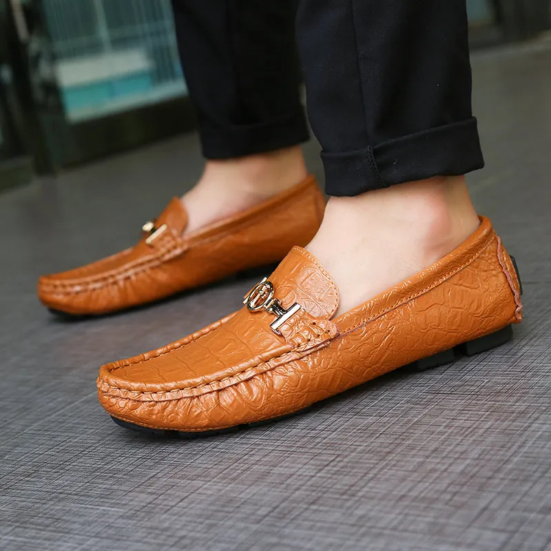 Croco Embossed PU Leather Men Moccasins Shoes with Cross Buckle Detail