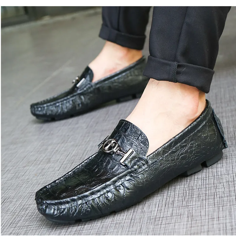 Croco Embossed PU Leather Men Moccasins Shoes with Cross Buckle Detail