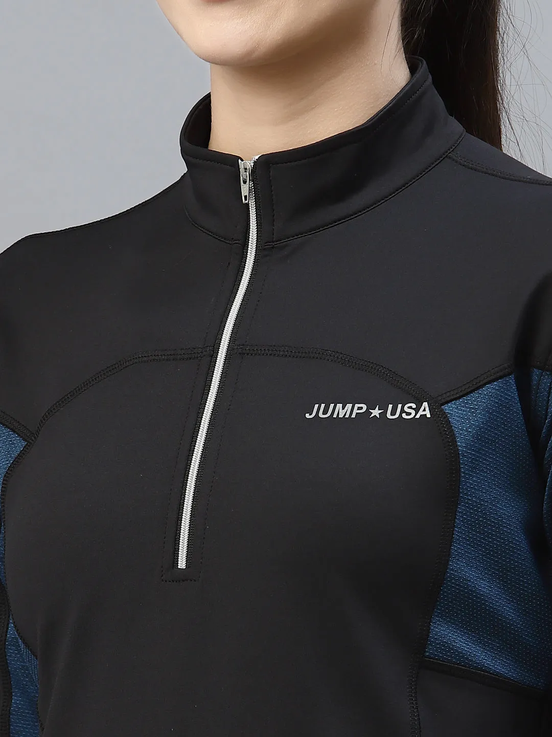 JUMP USA Women Black & Teal Solid Rapid-Dry Outdoor T-shirt