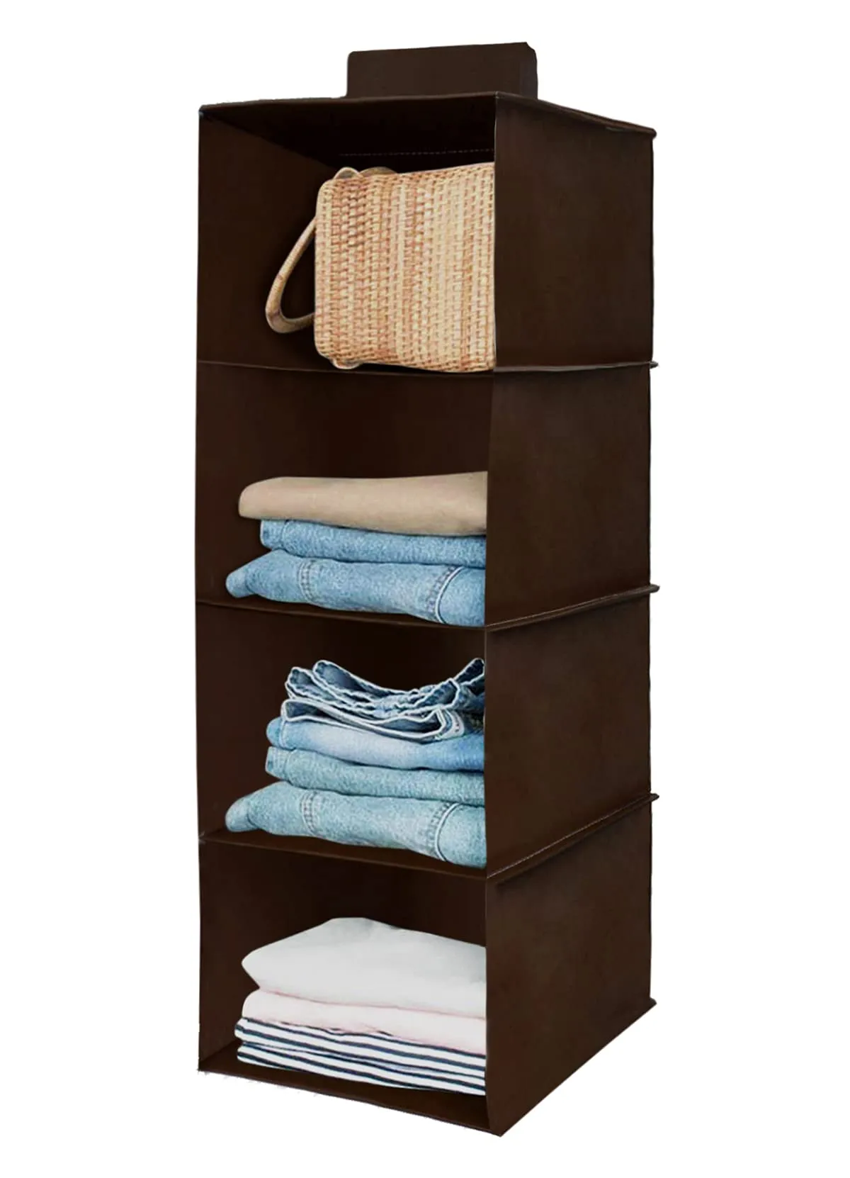 Kuber Industries 4 Shelf Closet/ Wardrobe Hanging Organizer|Shoes Storage Cupboard|Non Wovan Foldable With Universal Fit|Size 31 x 25 x 80, Pack of 1 (Brown)