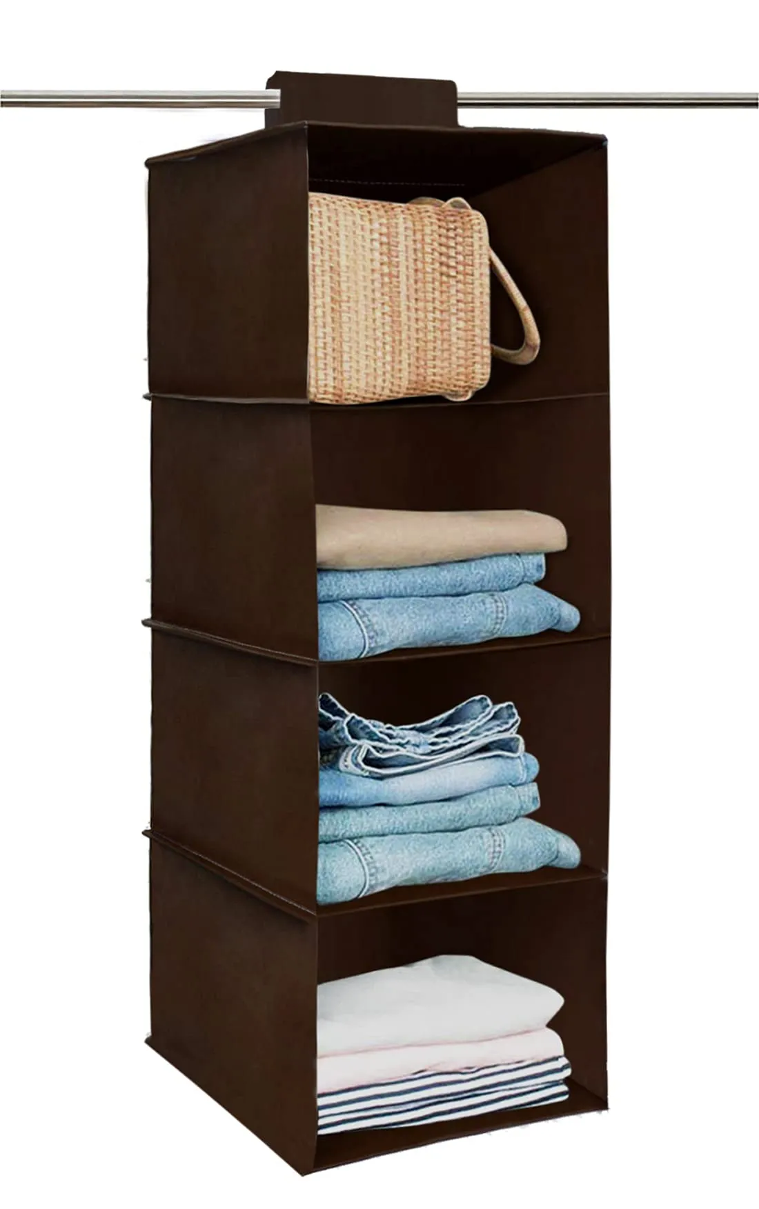 Kuber Industries 4 Shelf Closet/ Wardrobe Hanging Organizer|Shoes Storage Cupboard|Non Wovan Foldable With Universal Fit|Size 31 x 25 x 80, Pack of 1 (Brown)