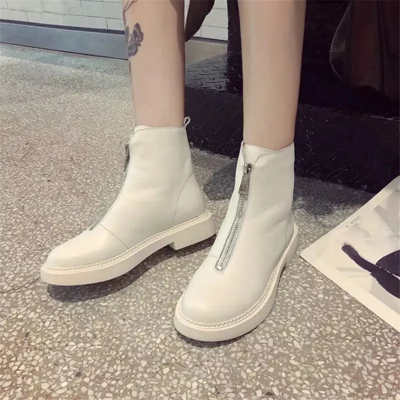 Leather front zip up fur lined ankle boots - cream