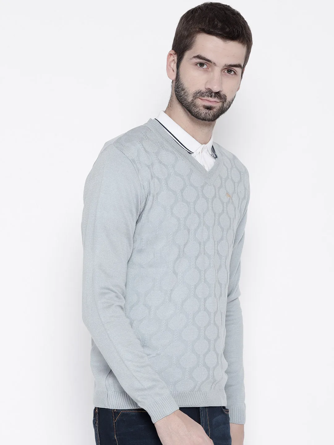 Men Blue Self Design Pullover