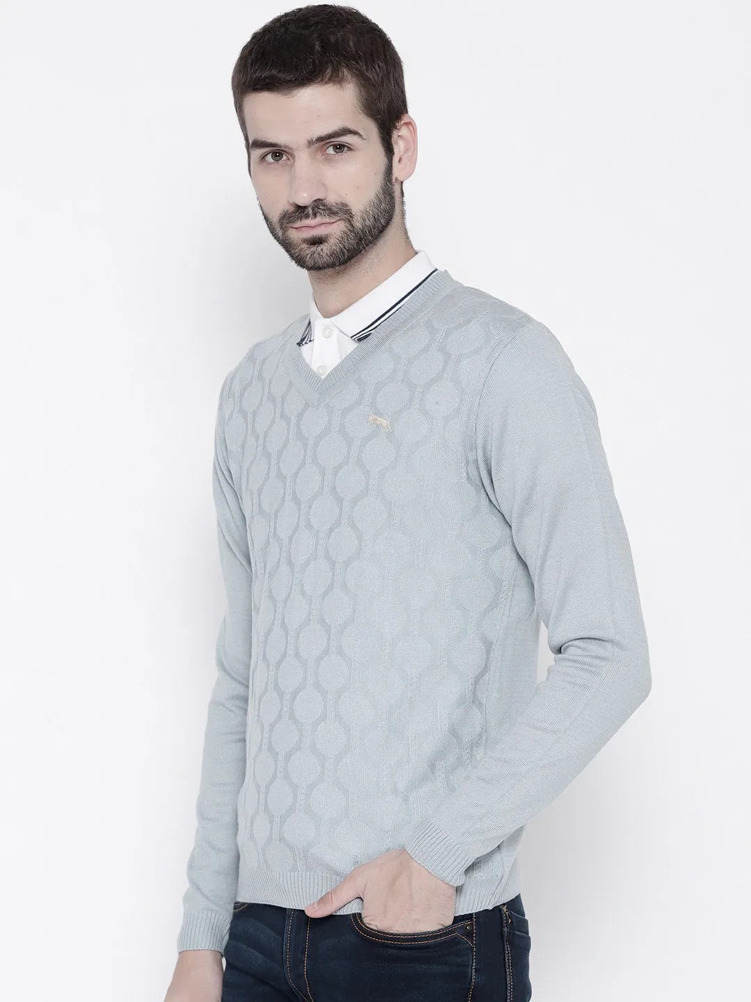 Men Blue Self Design Pullover