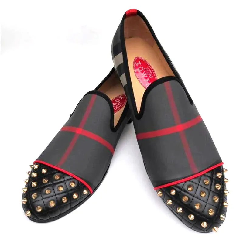 Plaid Pattern Rivet Design Loafers