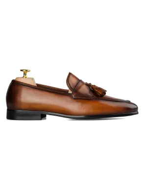 Tassel Loafer Wing Strap - Cognac Tan (Hand Painted Patina)