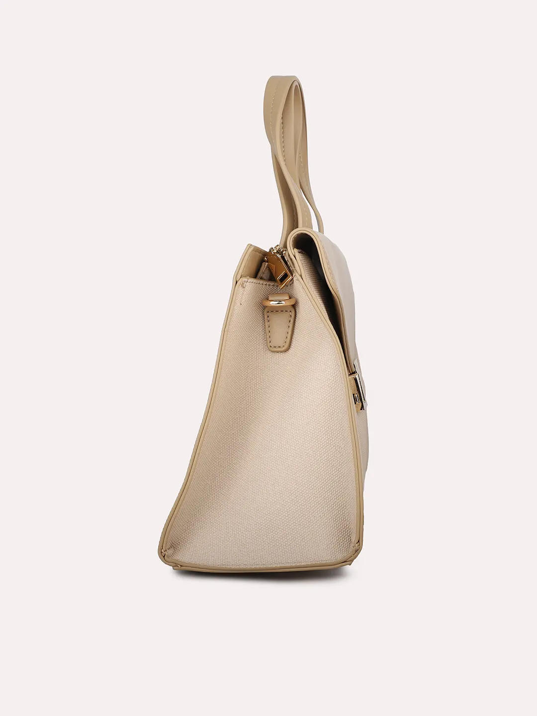 Women Beige Textured PU Structured Handheld Bag