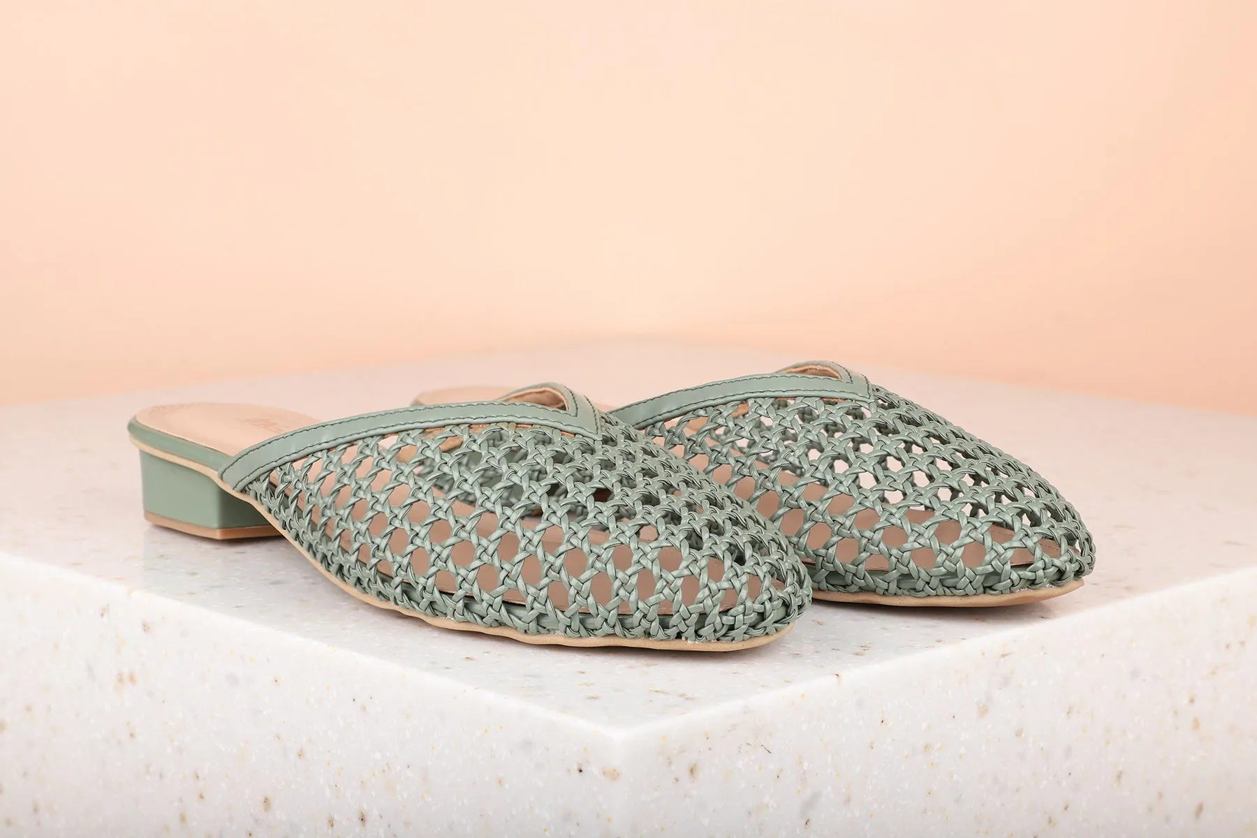 Women Green Woven Design Block Mules