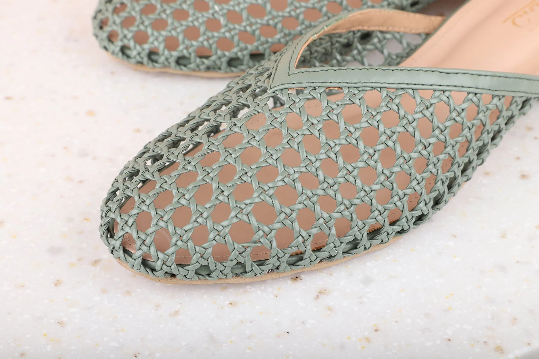 Women Green Woven Design Block Mules